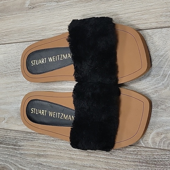 Stuart Weitzman Size 5 1/2 Black Shearling Cammy Slide Sandal NEW - Picture 2 of 5
